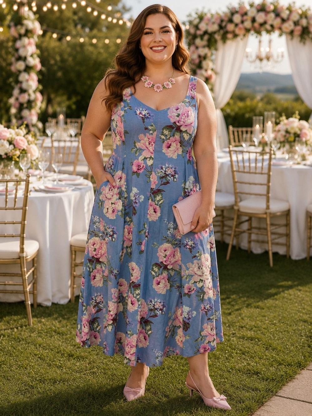 GAP Blue Floral Linen-Blend Square-Neck Cottagecore Maxi Dress XXL